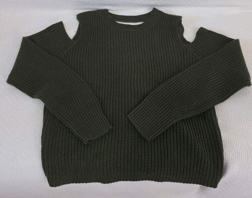 Full Circle Trends Army Green Ribbed Knit Cold-shoulder Sweater Open Back *READ